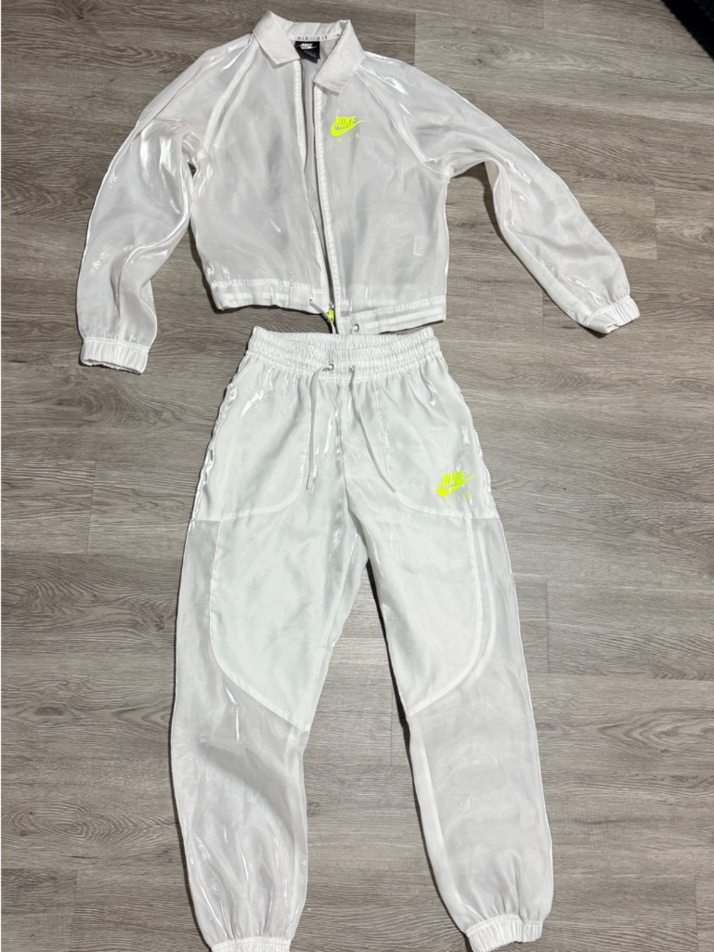 Nike White Sheer Track Jacket and Joggers Set with Neon Yellow Logo